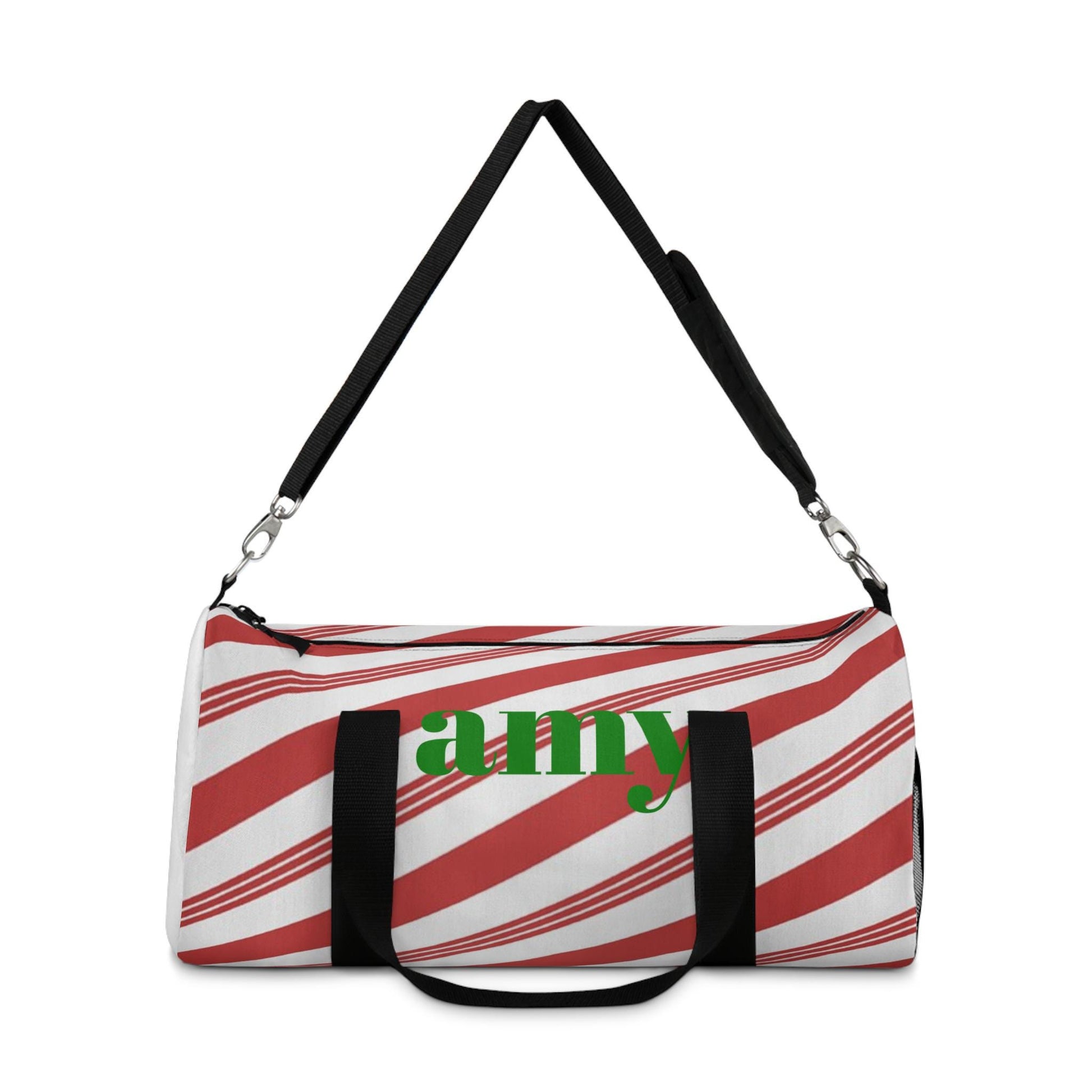 Personalized Peppermint Stick Duffel Bag, Weekend Getaway Travel Bag, Custom Gym Bag, Christmas Gift, Holiday Overnight Bag, Monogrammed