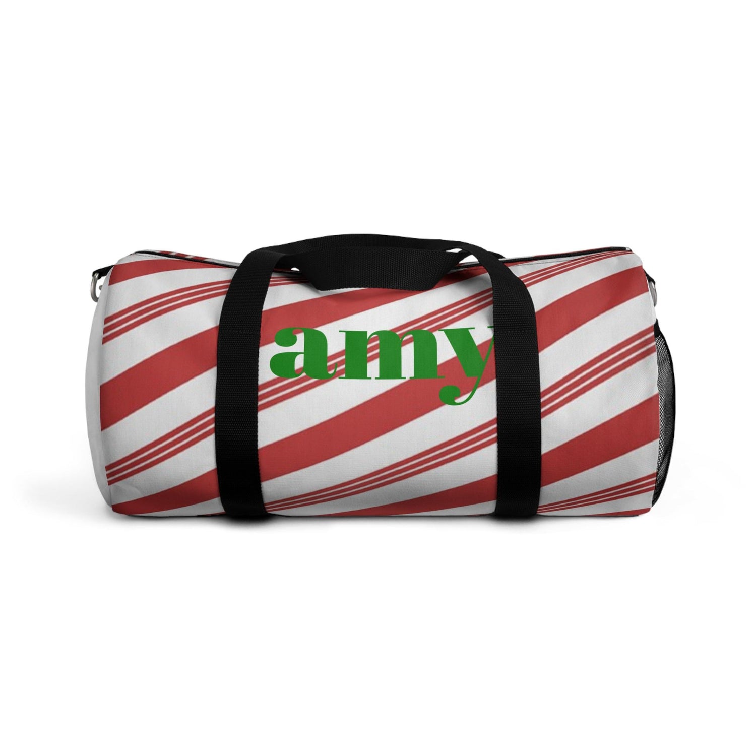 Personalized Peppermint Stick Duffel Bag, Weekend Getaway Travel Bag, Custom Gym Bag, Christmas Gift, Holiday Overnight Bag, Monogrammed